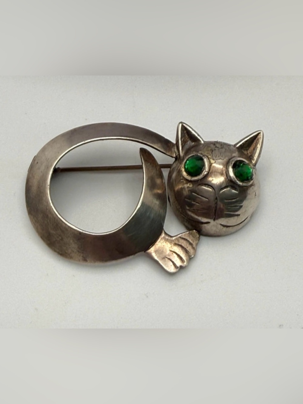 Vintage Silver 925 De La Parra “Cat with Green Eyes” Brooch
